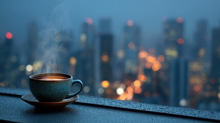 Warm Steaming Cup of Coffee on Windowsill Overlooking Cityscape