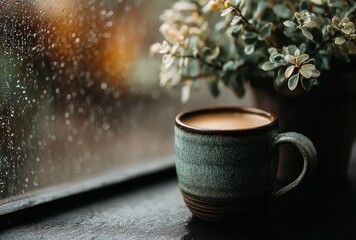 Cozy Scene with Steaming Coffee Cup and Potted Plant by Window