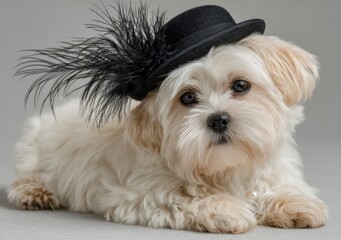 Small White Dog Wearing Hat Sitting on White Background