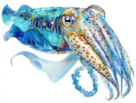 An exquisitely detailed watercolor painting captures the iridescent beauty and intricate patterns of a cuttlefish swimming gracefully in the ocean.
