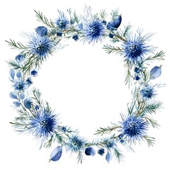 Watercolor blue thistle wreath, winter wonderland theme, clipart on white 