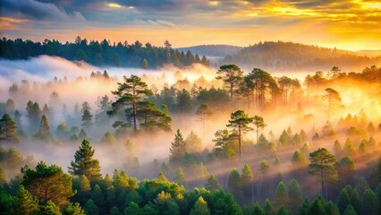 Enchanting Misty Pine Forest at Dawn: A Serene Landscape with Fog, Greenery, and Nature's Calm
