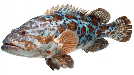 Naklejka premium A colourful grouper fish swims gracefully in the clear ocean waters with beautiful speckled patterns that cover its skin in a striking design and pattern.