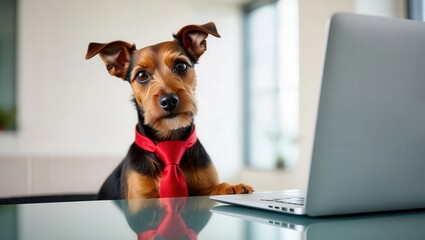 National Take Your Dog to Work Day: Office humor concept: adorable dog wearing tie appears to work on laptop