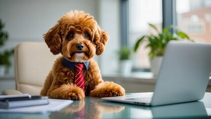 Adorable dog in office attire sitting at desk with laptop and plants for business theme. National Take Your Dog to Work Day