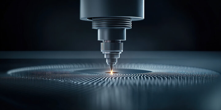 Drill bit engraving manufacturing scene on black background