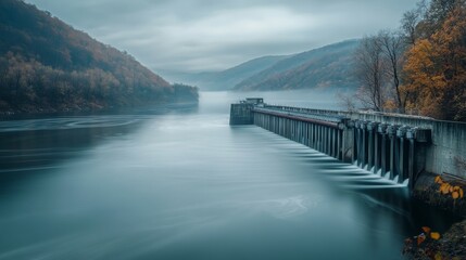 Naklejka premium isolated hydroelectric dam, serene river, flat natural tones, soft realism, 16:9
