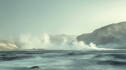 Naklejka premium geothermal plant vents with steam rising in empty landscape, muted color palette, 16:9