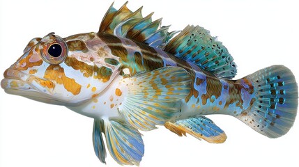 A colorful ornate leopard fish with intricate patterns and translucent fins is isolated against a clean white background highlighting its unique features.