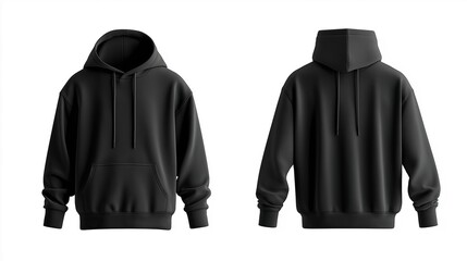 Black hoodie front and back view, minimalist style on plain background. Simple and versatile urban fashion essential.