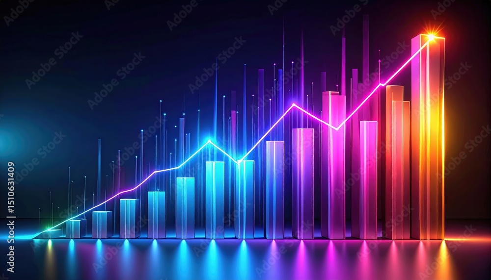 Poster vibrant neon colorful bar chart with rising line graph representing growth progress analytics in bus