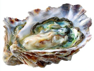 An artistic rende captures the delicate textures and iridescent colors of a fresh oyster, showcasing its natural beauty on a clean white background.