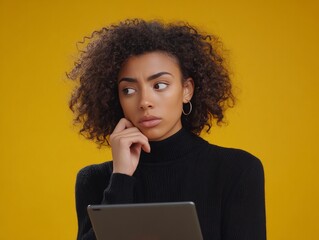 A young woman in a contemplative pose, focused on her laptop screen. Indicates modern technology usage and problem-solving scenarios.