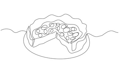 Continuous line drawing of delicious sliced cake or pudding. Single one line sketch editable stroke art piece of sweet food dessert. Vector illustration