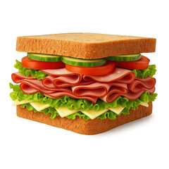 Fresh sandwich stacked with layers of meat, cheese, and vegetables on whole grain bread