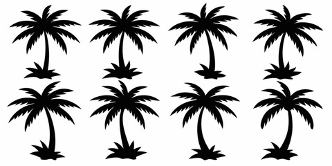 A collection of twelve palm tree silhouette icons in four process colors