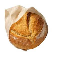 Freshly baked round bread wrapped in parchment paper on a white background