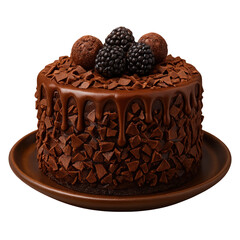 Chocolate cake topped with blackberries and chocolate truffles on a brown plate