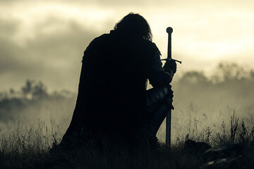 Silhouette of a man kneeling with a sword
