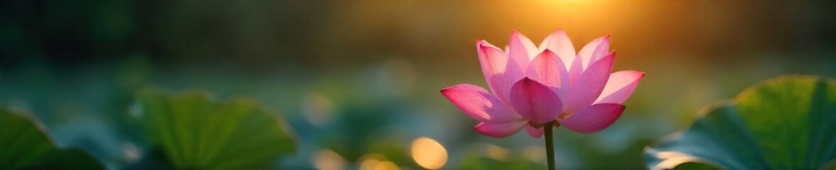 Fototapeta premium A single lotus flower in bloom, sunlight gently illuminating its petals, symbolizes hope and serenity during meditation , spiritual growth, quiet