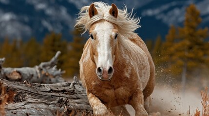 Obraz premium Majestic light-brown and white horse galloping with flowing pale mane, alert ears, and expressive dark eyes, kicking up dust to emphasize speed and power. Rustic weathered log in foreground, golden-hu