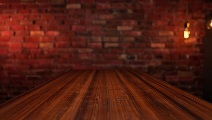 Warm polished wooden surface with a blurred red brick wall background and glowing lights
