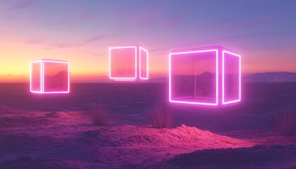 Fantasy landscape with glowing squares in the sky. 3d rendering