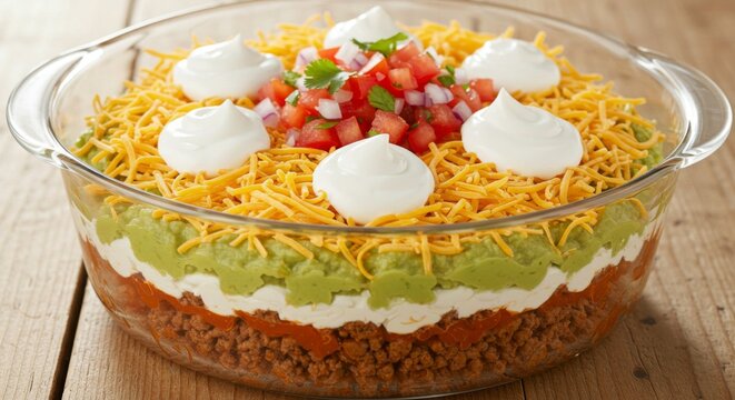 Layered Mexican Taco Dip with Guacamole and Cheese