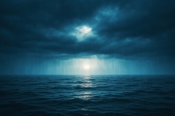 Stormy ocean under dramatic cloudy sky with rays of light breaking through moody atmosphere