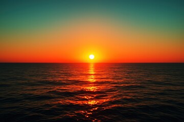 Vibrant sunset over calm ocean with golden light reflection and clear horizon, peaceful seascape