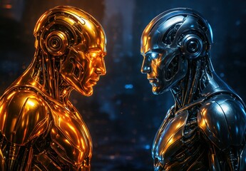 Golden and blue humanoid robots staring at each other in digital sci-fi environment with tension