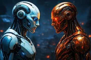 Futuristic silver and red androids facing off in cyber city background, sci-fi robotics confrontation