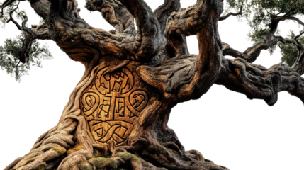Ancient tree with carved runes, Transparent background, PNG file