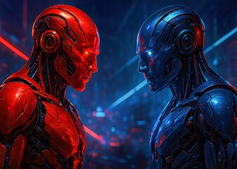 Red and blue futuristic androids face to face in high-tech digital world, robotic battle concept