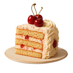 Delicious slice of cake topped with cherries on a plate in a bright setting