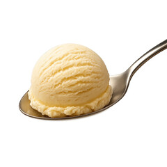 Sweet and creamy vanilla ice cream served on a silver spoon against a plain background