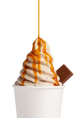 Delicious soft serve ice cream topped with caramel drizzle and chocolate in a cup