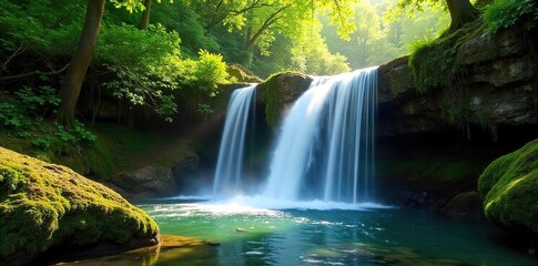 Serene waterfall cascading down moss-covered rocks, sunlight dappling the lush green forest floor A perfect representation of nature's effortless flow and tranquility , lush, river, tranquil