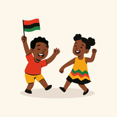 Happy African American Children Celebrating Juneteenth with Pan-African Flag – Cartoon Style
