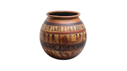 Ancient Egyptian pottery jar with painted hieroglyphs, Transparent background, PNG file