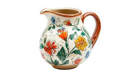 Antique Russian folk pottery pitcher with floral painting, Transparent background, PNG file