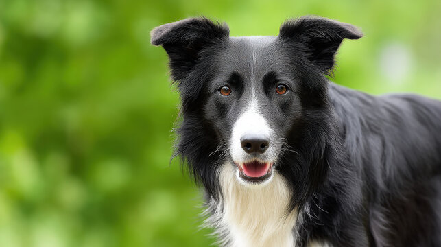 A proud border collie gazes warmly at the viewer with a slight head tilt, showcasing its intelligent and playful nature against a soft, blurred green background