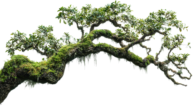 Ancient jungle tree with moss ropes, Transparent background, PNG file