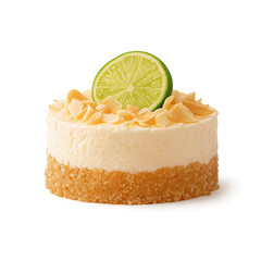 Lime cheesecake with almond topping and fresh slice presented on a white background
