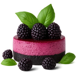 Delicious berry mousse cake with blackberries and fresh green leaves on top