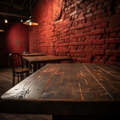 A dark, rustic wooden table in a dimly lit setting with a textured red brick wall and industrial lighting