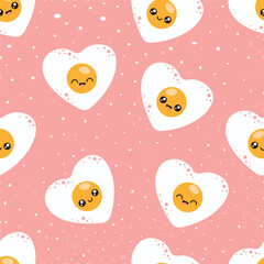 Seamless vector pattern with fried eggs with kawaii faces. Cute food on a pink background