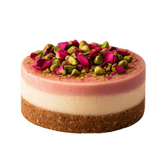 Delicious layered dessert topped with rose petals and pistachios on a white background