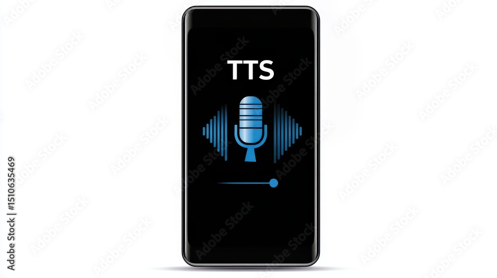 Poster a smartphone screen displays a tts (text-to-speech) interface with a microphone icon and sound waves