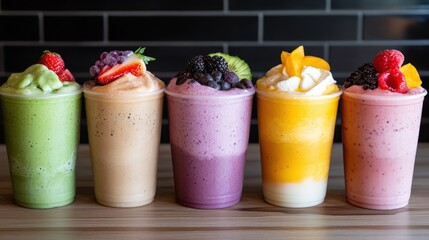 A colorful assortment of smoothies in different flavors, neatly arranged on a wooden countertop